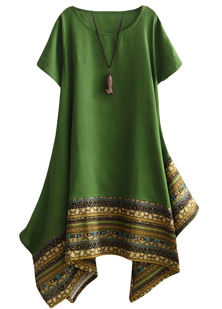 Minibee Women's Ethnic Cotton Linen Short Sleeves Irregular Tunic Dress (L, Green) - Image 1